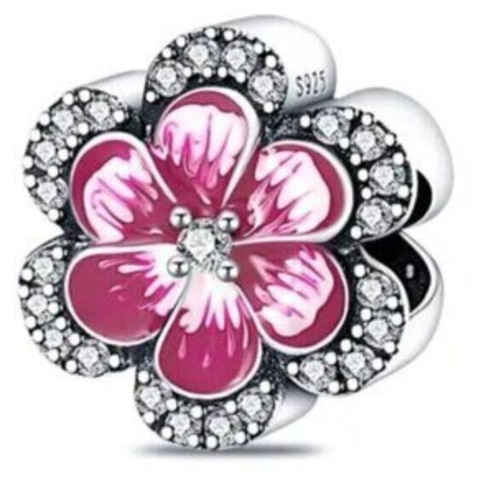 Pandora Pink Flower Charm with Clear Crystals